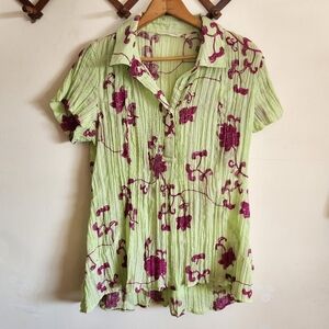 Soft Sorroundings Short Sleeve Button Down Tunic Embroidered Green Pink Small
